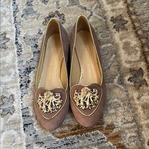 Charlotte Olympia Brown Suede Flats with Gold Embellishment